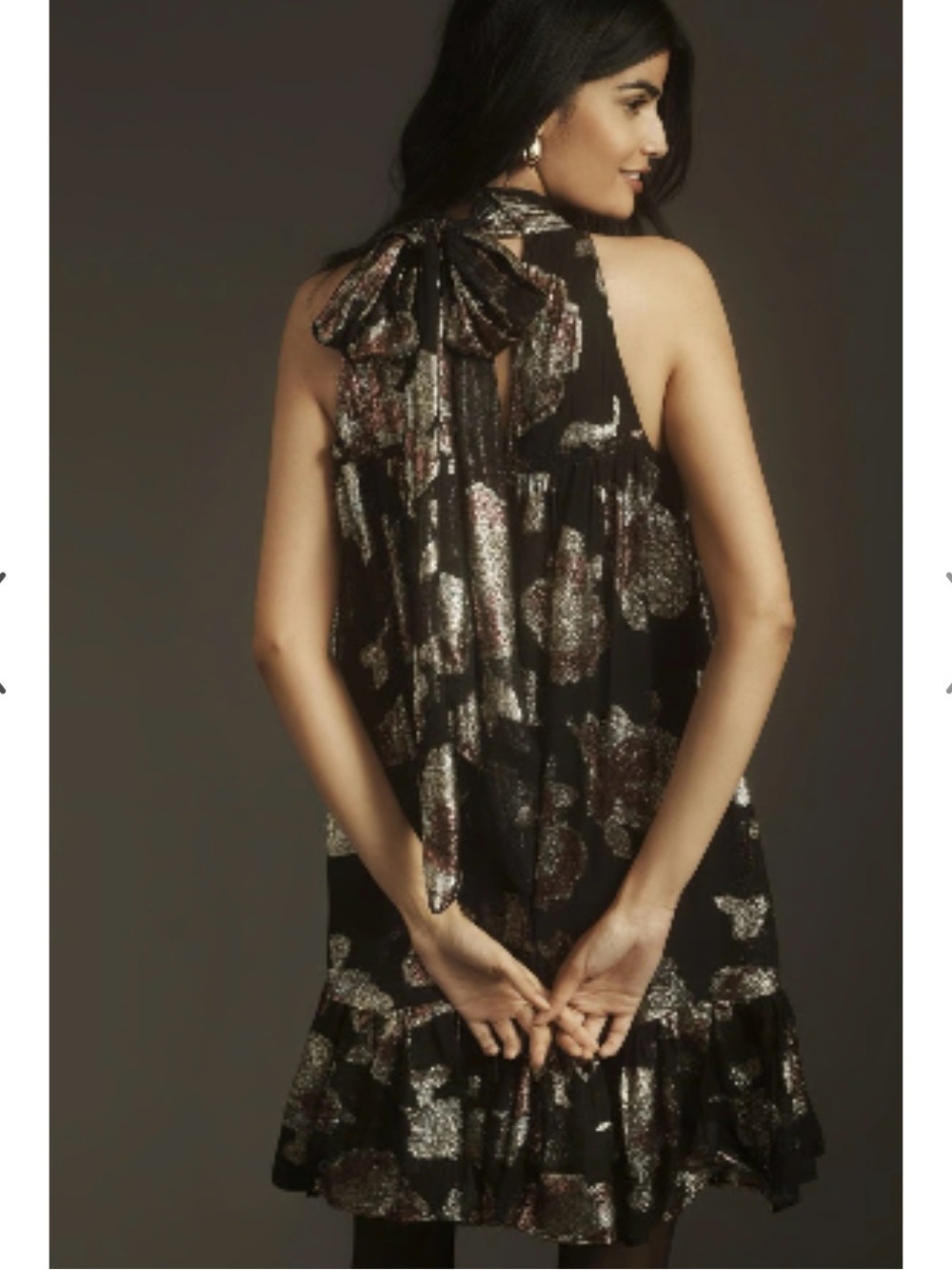 Maeve Anthropologie Black Gold Halter Mini Cocktail Dress Tie Back Ruffle Sz 1X